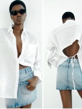 Zara Linen Open Back Shirt with Tie Womens Size Large